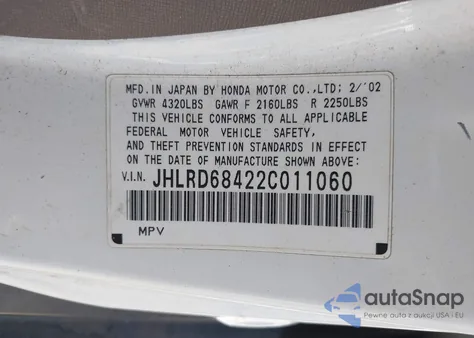 2002 Honda Cr-V Lx из США, поврежденный, VIN JHLRD68422C011060